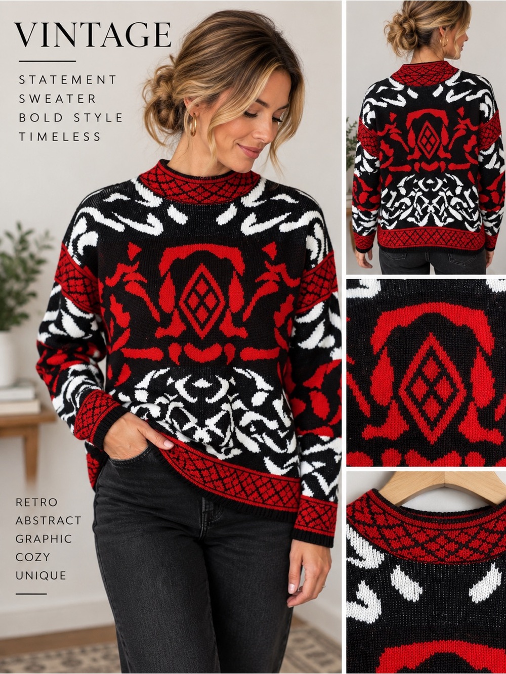 Vintage 80s Red Black White Graphic Sweater Abstract Scrollwork Statement